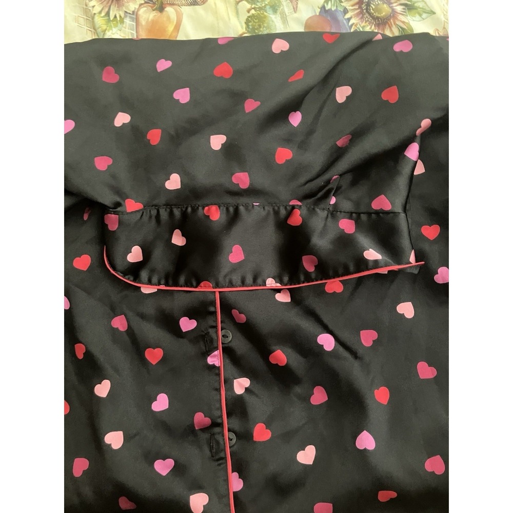 Victoria Secret Heart Print Pajama Satin Top Black Pink Red Lounge Sleepwear Lg - Picture 5 of 7